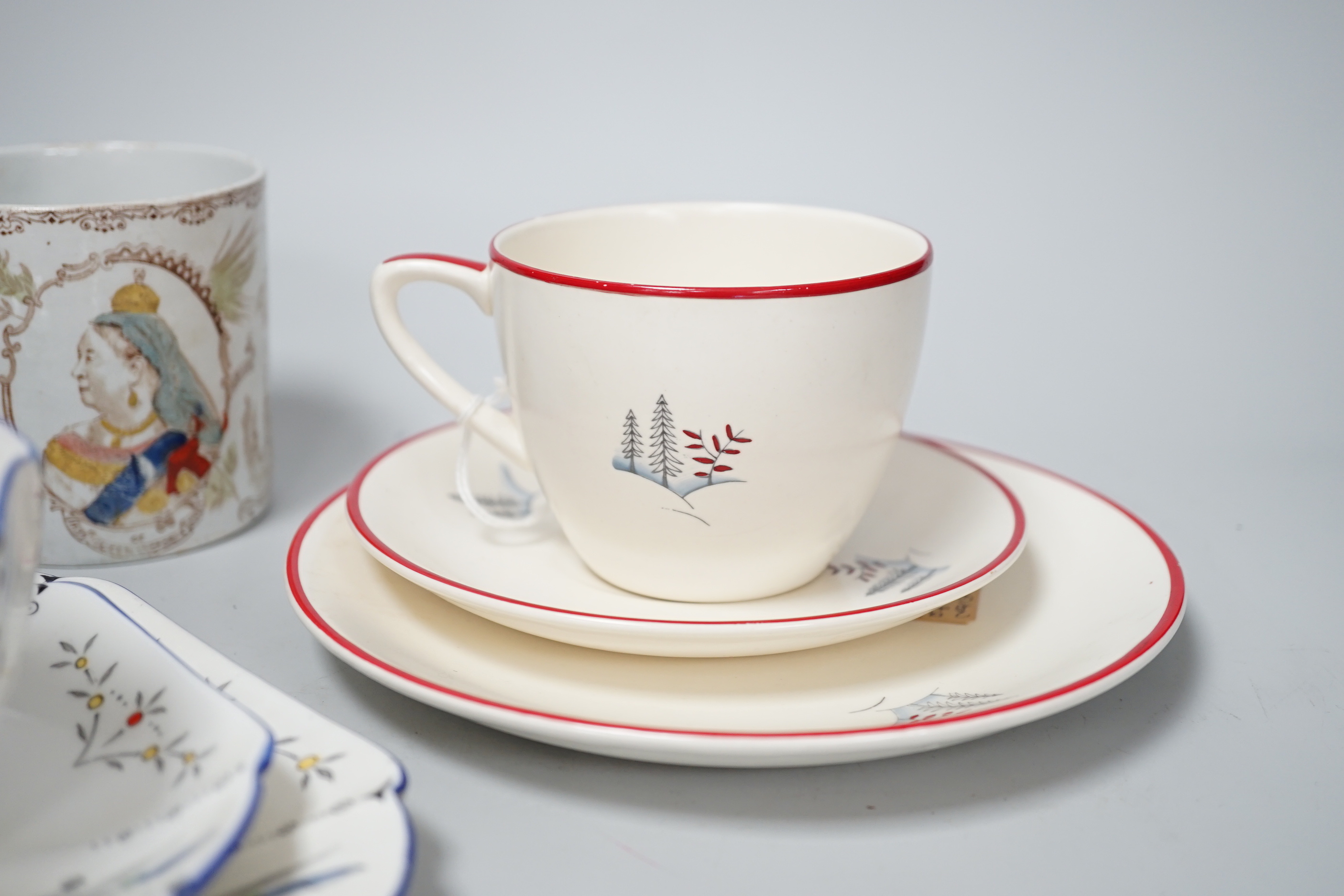 A Shelley Art Deco Blue Iris Queen Anne shape teaset and a Crown Devon cup, saucer, side plate and jug